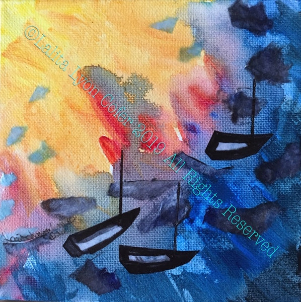 SUNSET SILHOUETTE OF BOATS IV